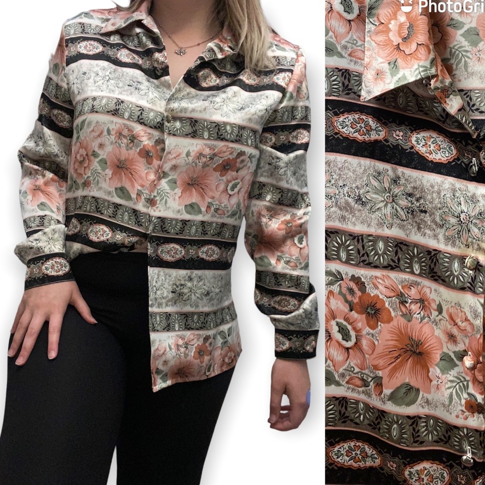 Vintage Silky Patterned Button Down Blouse